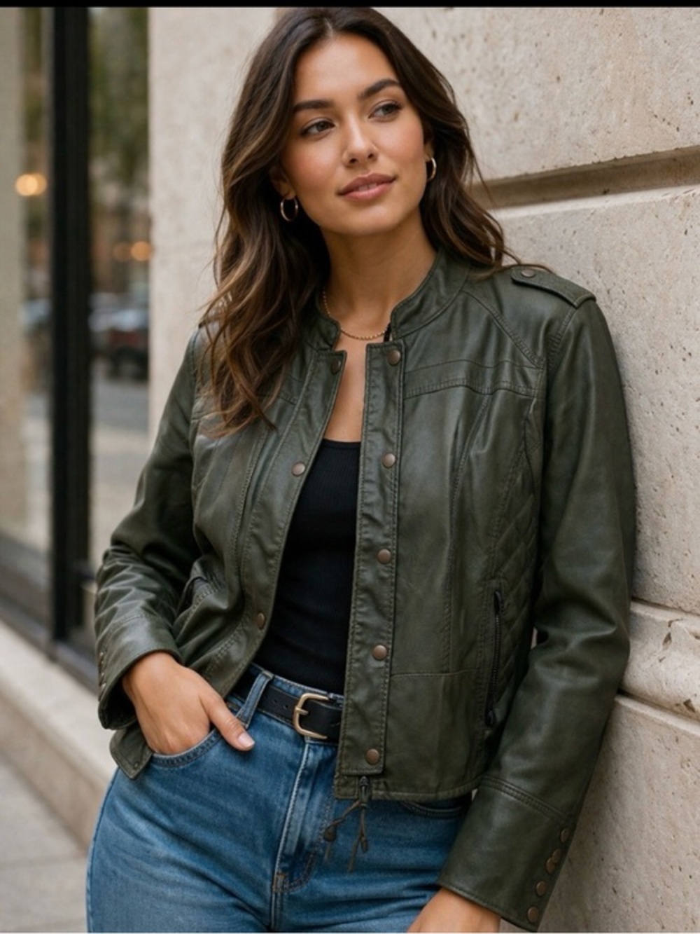 Anthropologie Hei Hei Faux Leather Green Bomber Jacket Medium